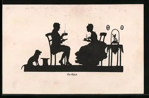 AK Der Besuch, Liebespaar beim Kaffee trinken, Scherenschnitt