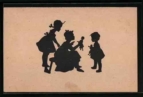 AK Kinder spielen mit ihren Puppen, Scherenschnitt