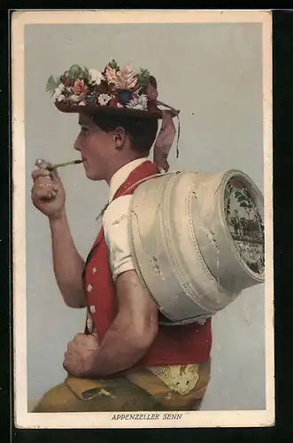 AK Appenzeller Senn mit Pfeife und Blumenhut in Tracht