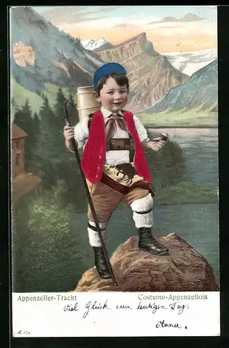 Präge-AK Knabe in Appenzeller Tracht beim Bergsteigen, West mit Stoffprägung