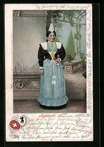 AK Hübsche Appenzellerin im Trachtenkleid, Wappen
