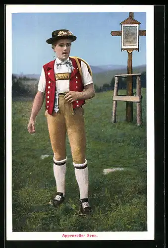 AK Appenzeller Senn in Tracht beim Wandern
