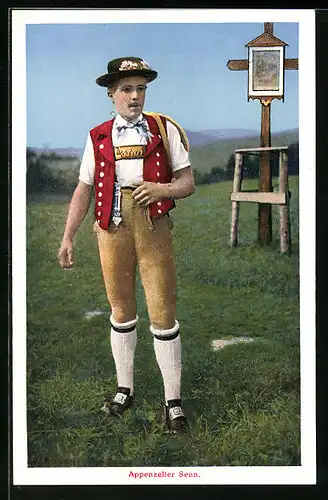 AK Appenzeller Senn in Tracht beim Wandern
