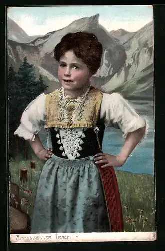 AK Niedliches Mädchen in Appenzeller Tracht vor einer Gebirgskulisse