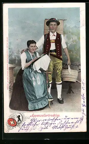 AK Hübsches Paar in Appenzeller Tracht, Wappen