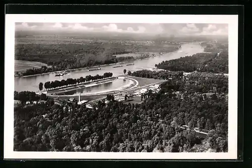 AK Karlsruhe, Flugzeugaufnahme Rheinstrand Rappenwört