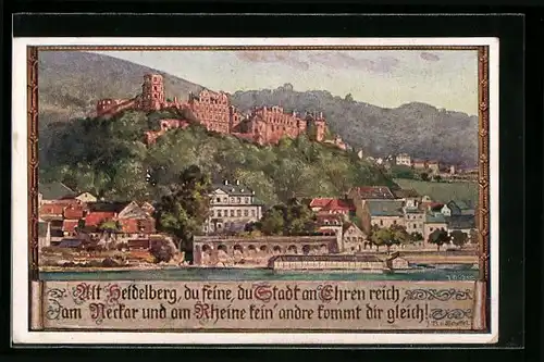 Künstler-AK Alt-Heidelberg, Blick zum Schloss