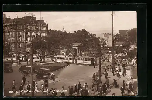 AK Berlin-Tiergarten, Potsdamer Platz mit Verkehrsturm und Strassenbahnen