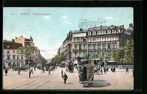 AK Berlin-Tiergarten, Strassen-und Pferdebahnen auf dem Potsdamer Platz