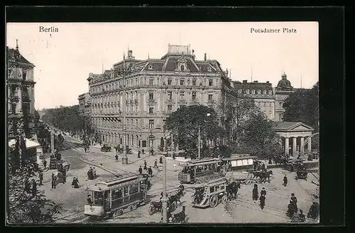 AK Berlin-Tiergarten, Potsdamer Platz mit Strassenbahnen