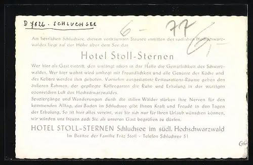 AK Schluchsee / Schwarzwald, Hotel Stoll-Sternen
