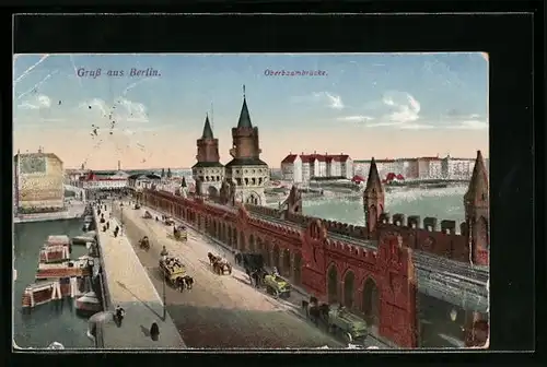 AK Berlin-Friedrichshain, Kutschen auf der Oberbaumbrücke