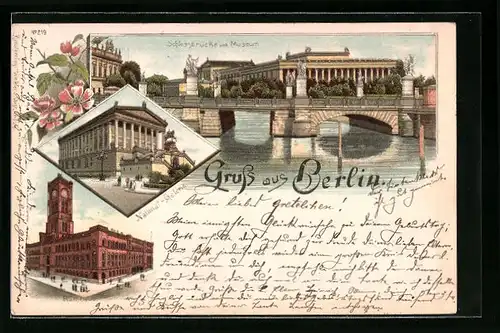 Lithographie Berlin, Schlossbrücke und Museum, National-Galerie, Rathaus