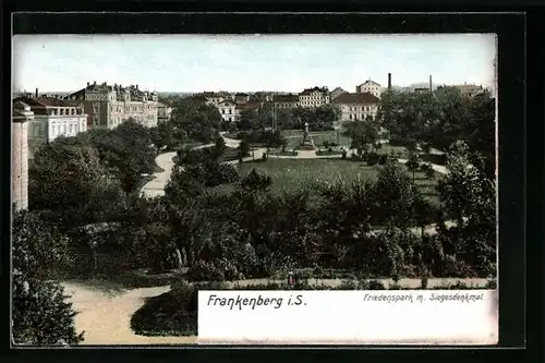 AK Frankenberg i. S., Blick über den Friedenspark mit dem Siegesdenkmal