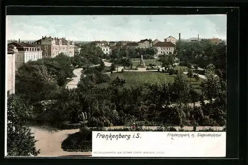 AK Frankenberg i. S., Blick auf den Friedenspark mit dem Siegesdenkmal