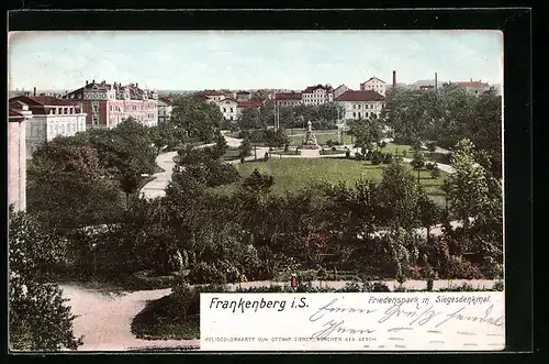 AK Frankenberg i. S., Blick über den Friedenspark und das Siegesdenkmal auf die Stadt