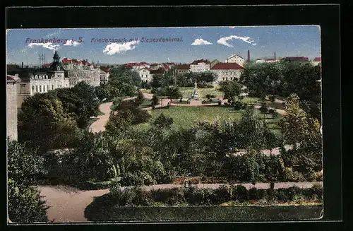 AK Frankenberg i. S., Blick in den Friedenspark, das Siegesdenkmal