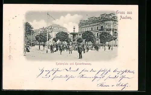 AK Aachen, Passanten am Kaiserbrunnen auf dem Kaiserplatz