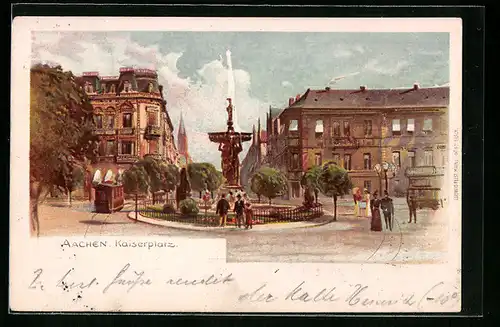 Lithographie Aachen, Passanten am Brunnen auf dem Kaiserplatz