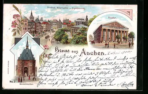 Lithographie Aachen, vor dem Theater, das Marschierthor, der Elisenbrunnen auf dem Friedrich Wilhelmplatz