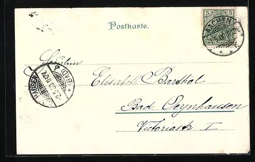 Lithographie Aachen, vor dem Theater, das Marschierthor, der Elisenbrunnen auf dem Friedrich Wilhelmplatz