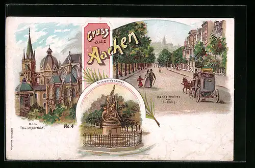 Lithographie Aachen, Thurmpartie am Dom, vor dem Kriegerdenkmal, Monheimallee und Lousberg