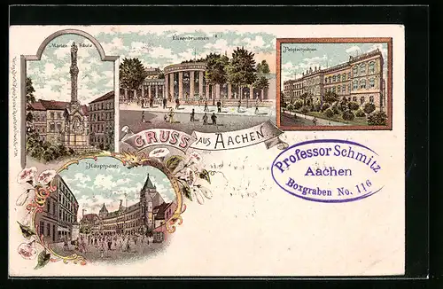 Lithographie Aachen, am Elisenbrunnen, die Marien-Säule, das Polytechnikum, vor der Hauptpost