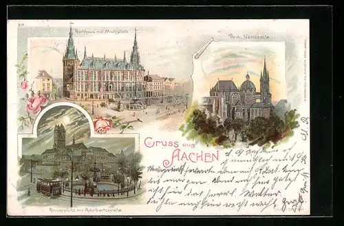 Lithographie Aachen, Rathaus am Marktplatz, Kaiserplatz mit Adalbertskirche, Nordseite des Doms