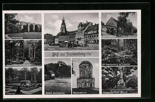 AK Frankenberg i. Sa., auf dem Marktplatz, an der Lützeltalbrücke, das Siegesdenkmal 1870 /71, am Ehrenmal