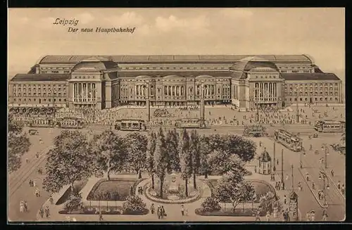 AK Leipzig, Neuer Hauptbahnhof mit Strassenbahnen