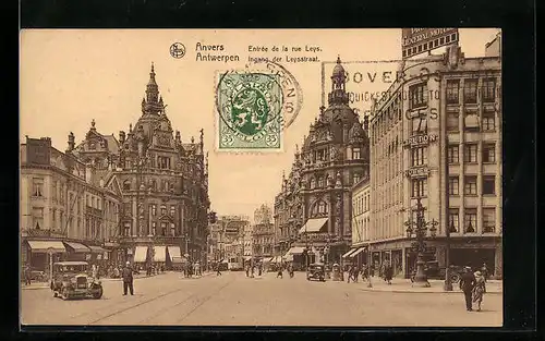 AK Anvers, Entrée de la rue Leys et Tramway