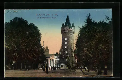 AK Frankfurt a. M., Strassenbahnverkehr am Eschenheimer Turm