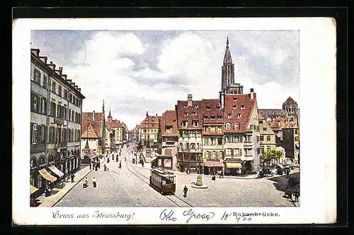 AK Strassburg, Rabenbrücke mit Strassenbahn