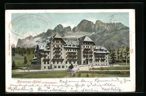 AK Karersee, Karersee-Hotel mit Rosengarten