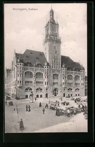 AK Stuttgart, Wochenmarktstände vor dem Rathaus