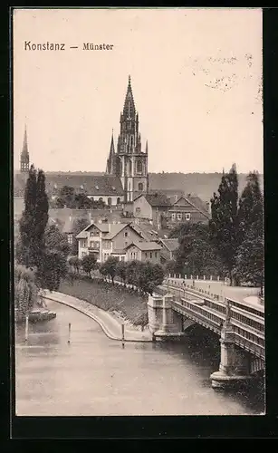 AK Konstanz, Blick von der Brücke und dem Rhein auf das Münster