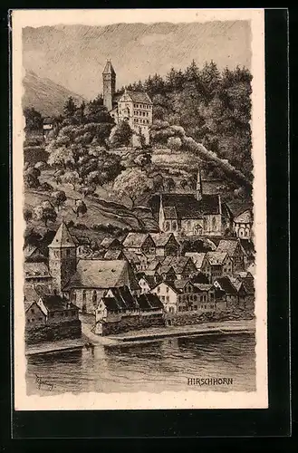 Künstler-AK Hirschhorn a. Neckar, Generalansicht der Stadt, Blick hinauf zum Schloss