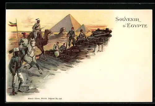 Lithographie Gizeh, Arabische Soldaten mit Dromedar, Im Hintergrund die Sphynx