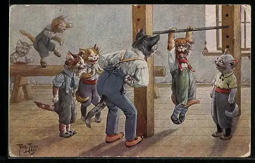 Künstler-AK Arthur Thiele: Katzenkinder in der Turnstunde