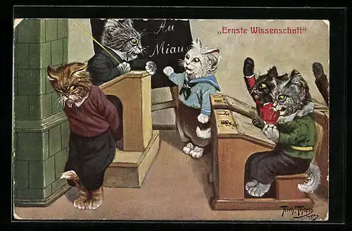 Künstler-AK Arthur Thiele: Katzenkinder in der Schule