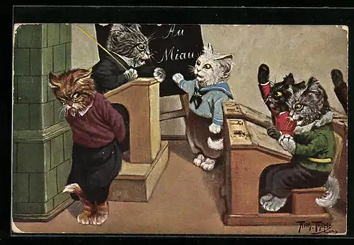 Künstler-AK Arthur Thiele: Katzenkind in der Schule schämt sich