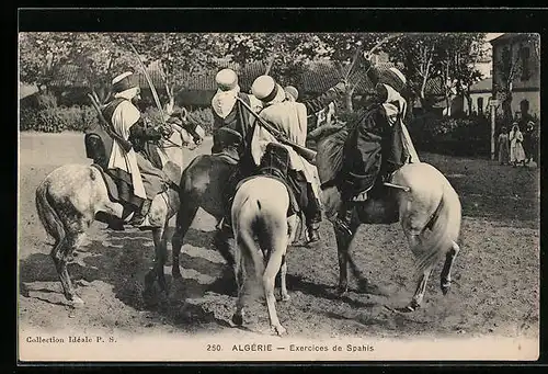 AK Algérie, Exercices de Spahis, Arabische Soldaten zu Pferde