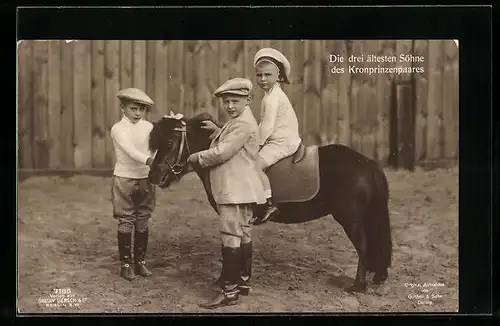 AK Die drei ältesten Söhne des Kronprinzenpaares Wilhelm von Preussen mit Pony