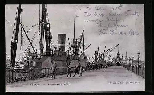 AK Anvers, Promenoir Nord, Krähne im Hafen