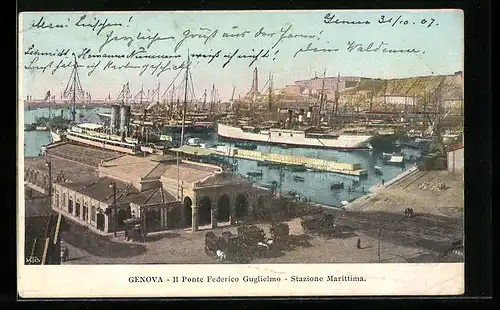 AK Genova, Il Ponte Federico Guglielmo, Stazione Marittima, Schiffe im Hafen