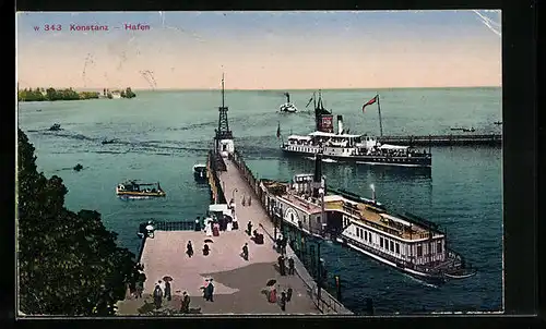 AK Konstanz, Dampfer an der Landungsbrücke im Hafen