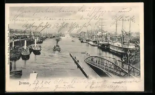 AK Bremen, Freihafen, Landungsbrücke und Segelschiffe