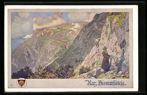 Künstler-AK Deutscher Schulverein Nr. 520: Kar. Bismarcksteig, Wandewrer klettern die Felswand entlang