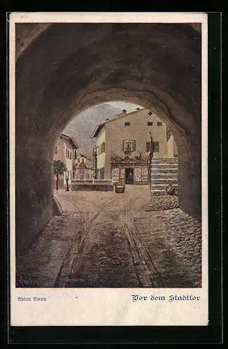 Künstler-AK Deutscher Schulverein Nr. 1024: Vor dem Stadttor, Tordurchblick auf Wohnhäuser