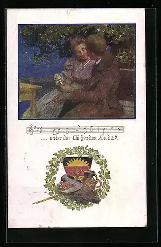 Künstler-AK Deutscher Schulverein Nr. 1068: Lied Unter der blühenden Linde, Pärchen unterm Baum